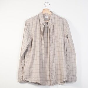 Uniqlo Tan Shirt with Blue-Gray Lines